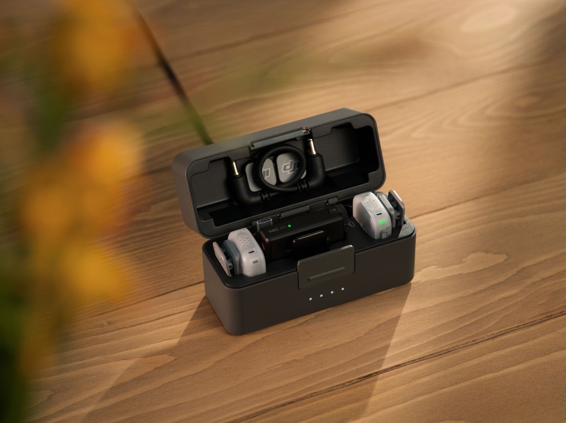 DJI Mic Mini 2 charging case with transmitters stored inside